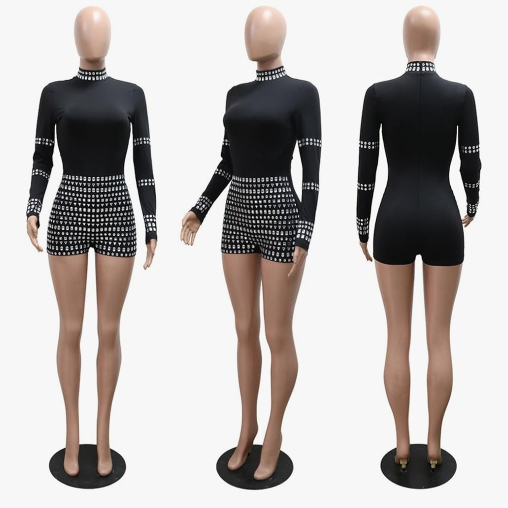 Women's Long Sleeve Turtleneck Rhinestones Bodycon Romper Jumpsuit Size Large